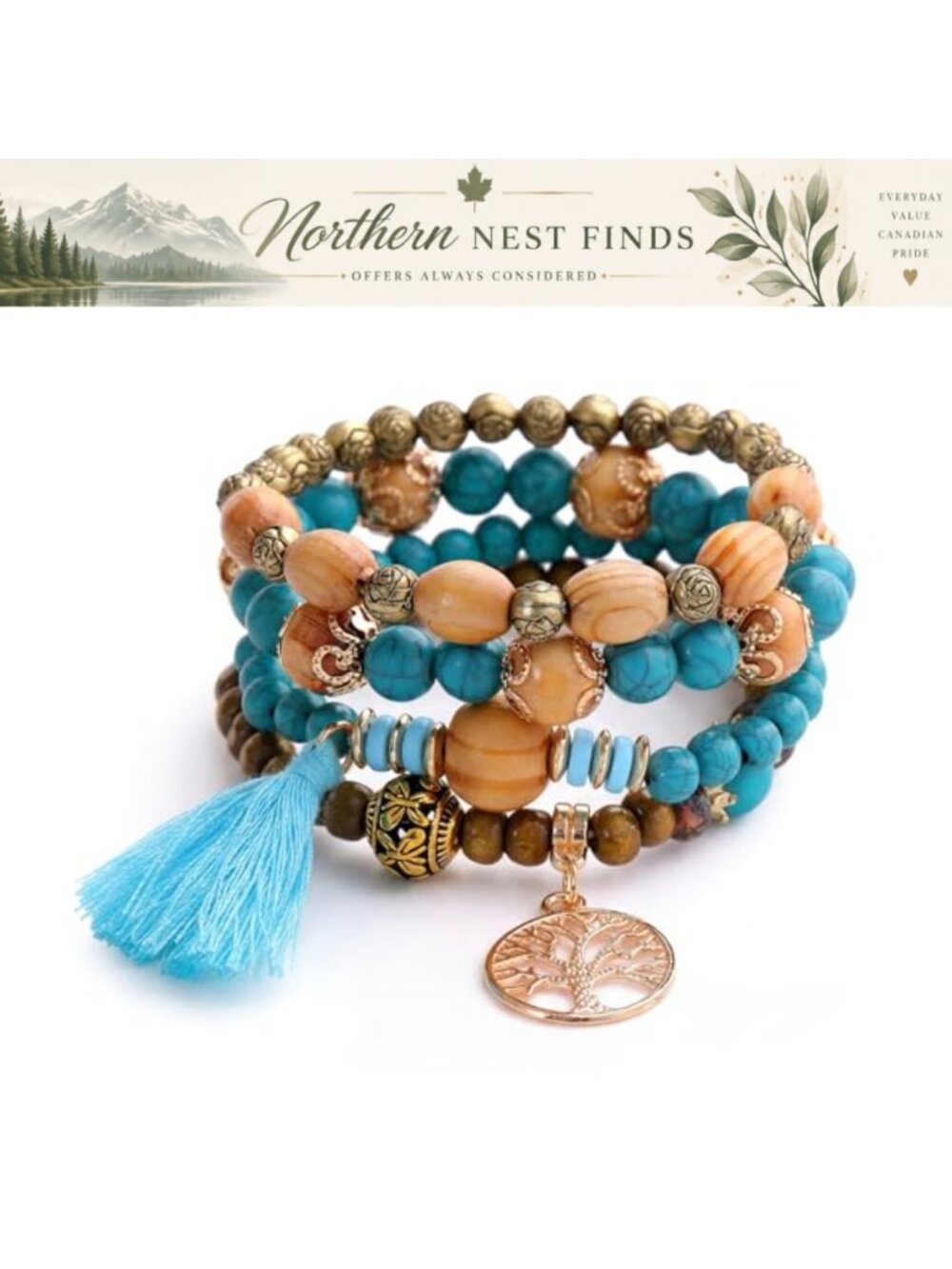 Boho Wooden Beaded Bracelet Set Tree of Life Charm Stretch Stackable